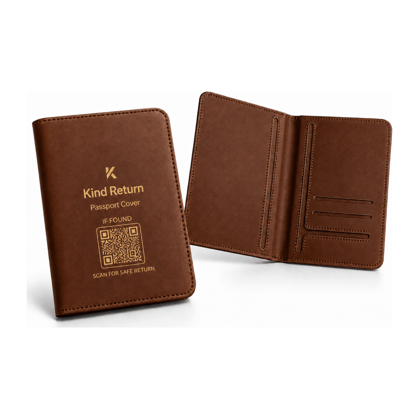 KindReturn Trackable Passport Cover in brown, shown closed with the scan-for-safe-return QR code and open showing the passport and card slots