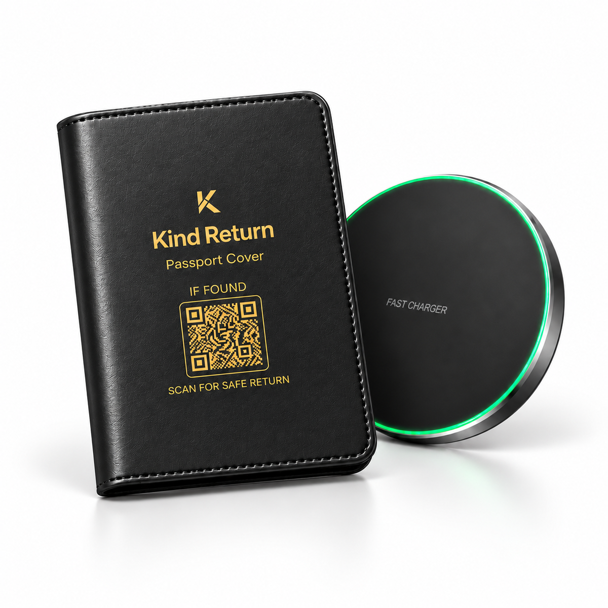 KindReturn Trackable Passport Cover in matte black with the scan-for-safe-return QR code, shown beside the black wireless charger