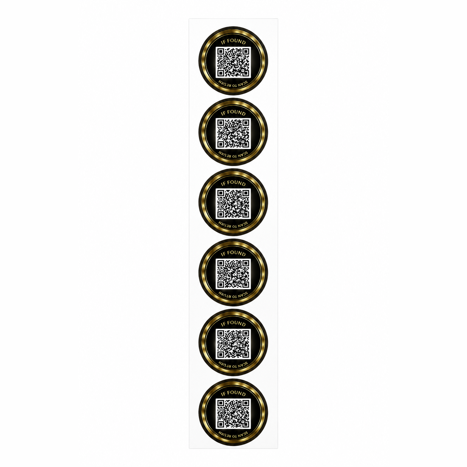 KindReturn QR Sticker sheet, six gold if-found scan-to-return QR stickers