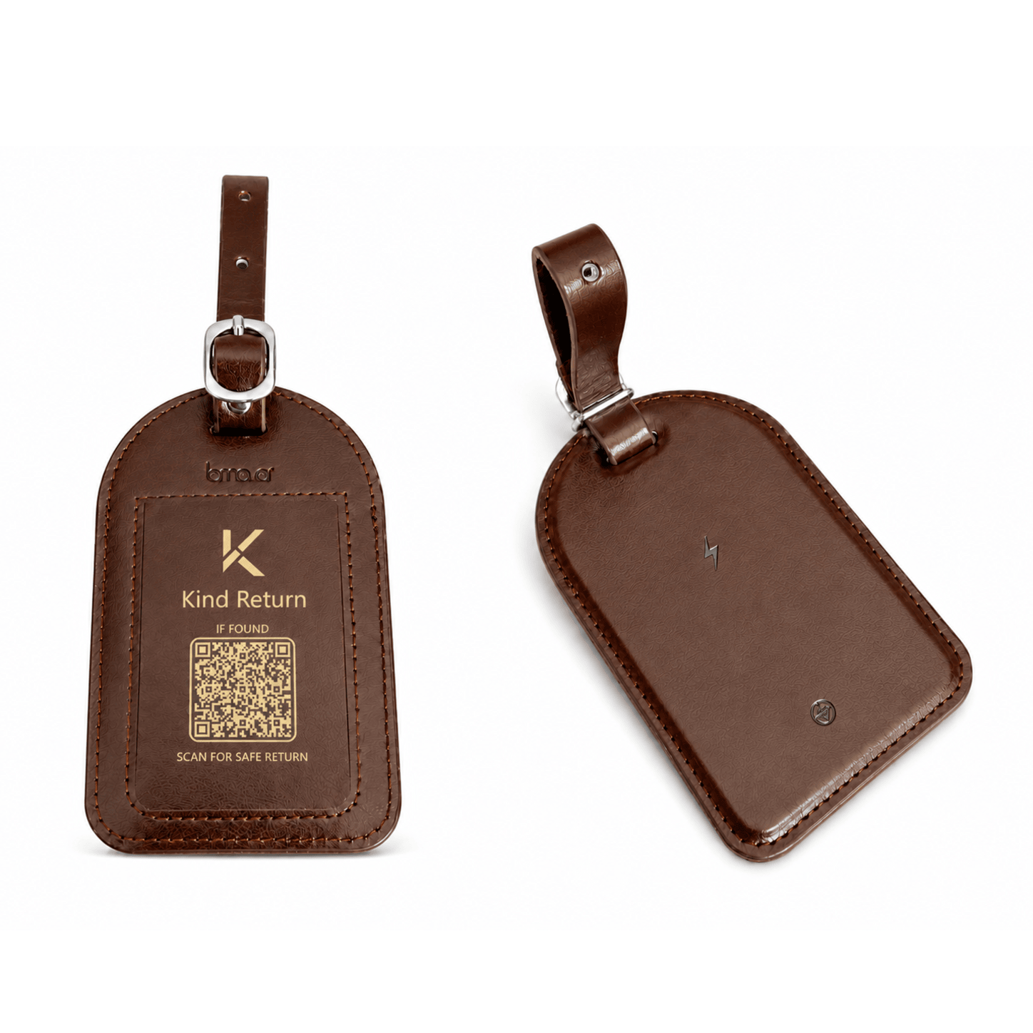 KindReturn Trackable Luggage Tag – Brown, front with QR code and back view