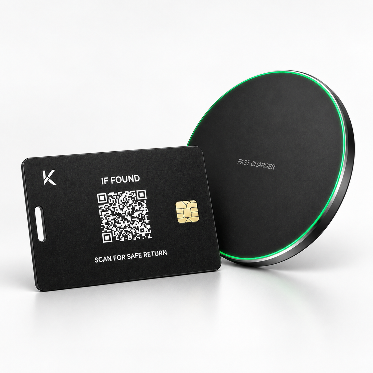 KindReturn Trackable Wallet Card in black with the scan-for-safe-return QR code, shown beside the black wireless charger