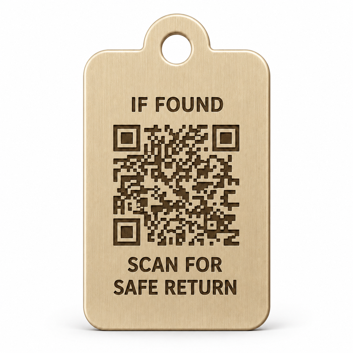 KindReturn Recovery Luggage Tag in Champagne, front with scan-for-safe-return QR code