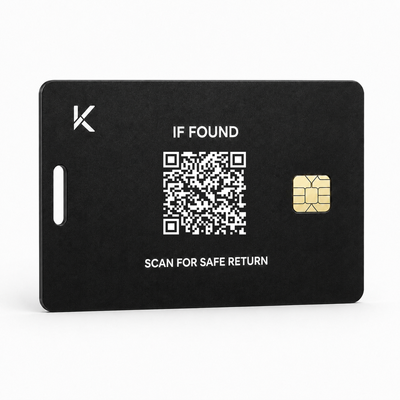 Trackable Wallet Card – Black, with scan-for-safe-return QR code