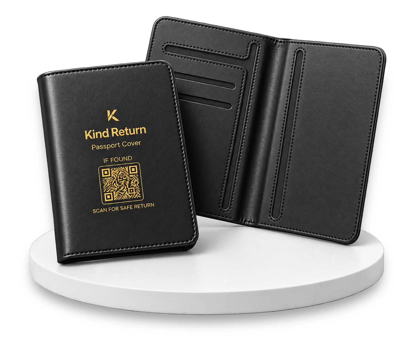 KindReturn Trackable Passport Cover in black, shown closed with its scan-for-safe-return QR code and open behind it, resting on a round white podium
