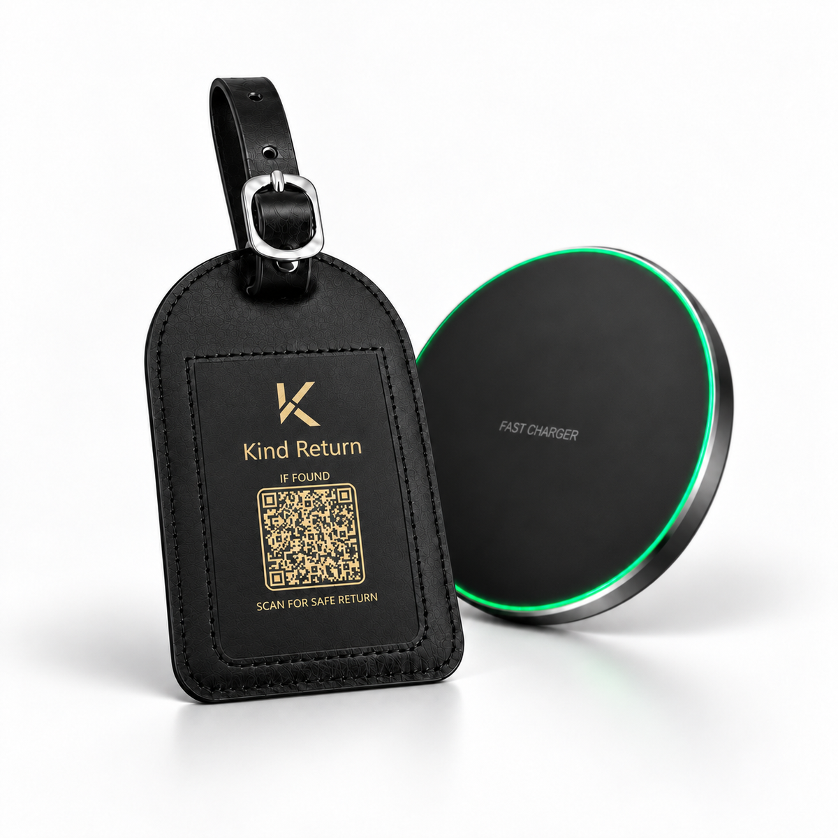 KindReturn Trackable Luggage Tag in matte black with the scan-for-safe-return QR code, shown beside the black wireless charger