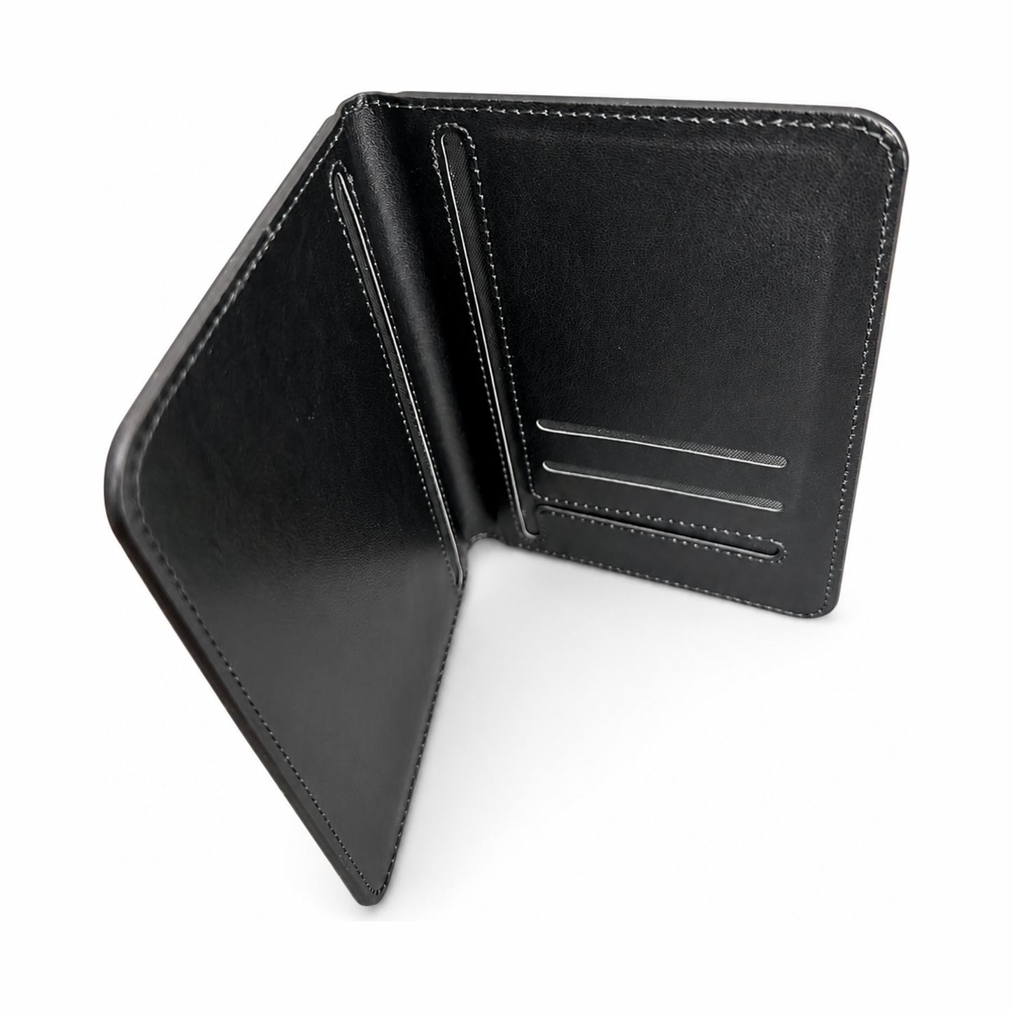 KindReturn Trackable Passport Cover, black leather, open showing card and passport slots