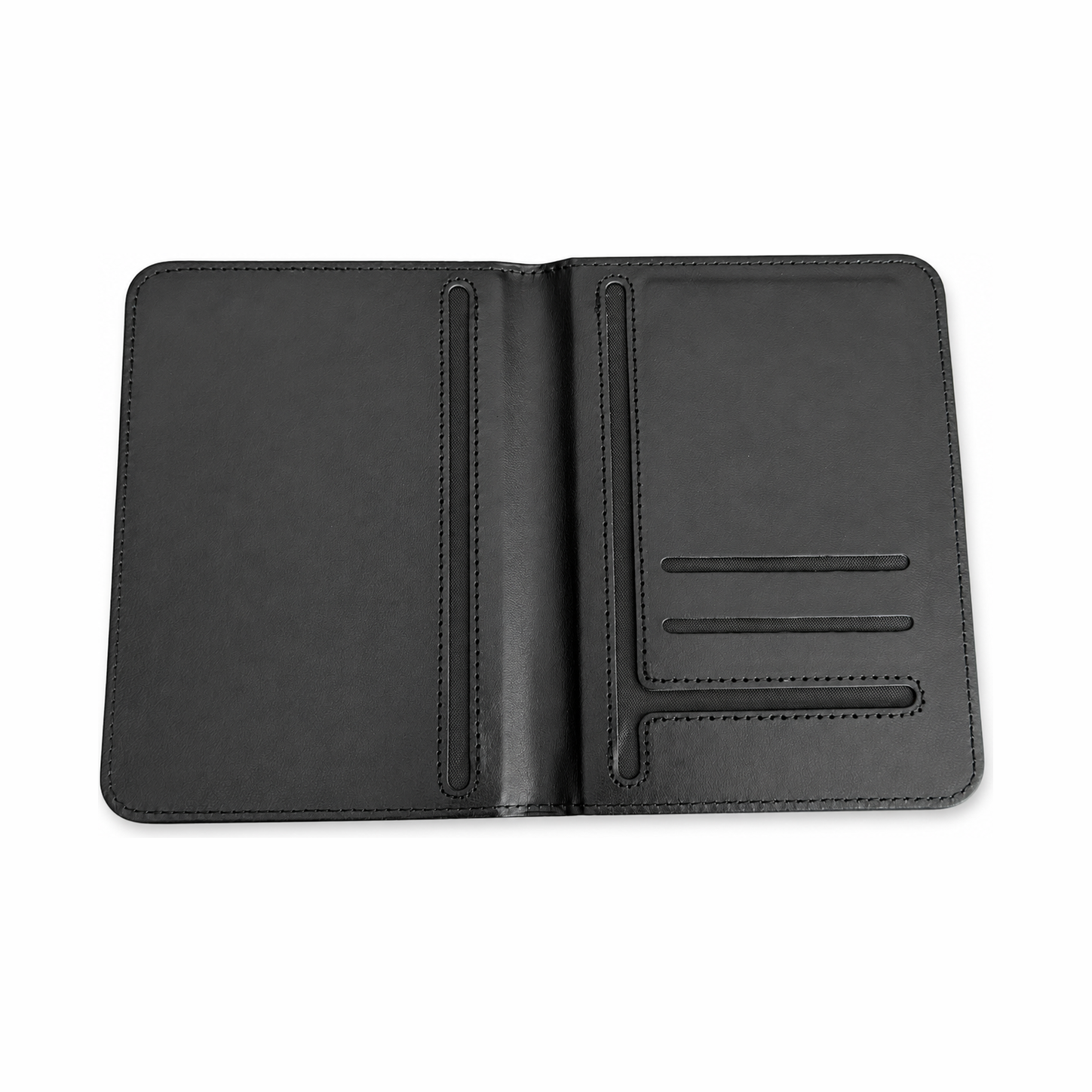 KindReturn Trackable Passport Cover, black leather, open flat interior view
