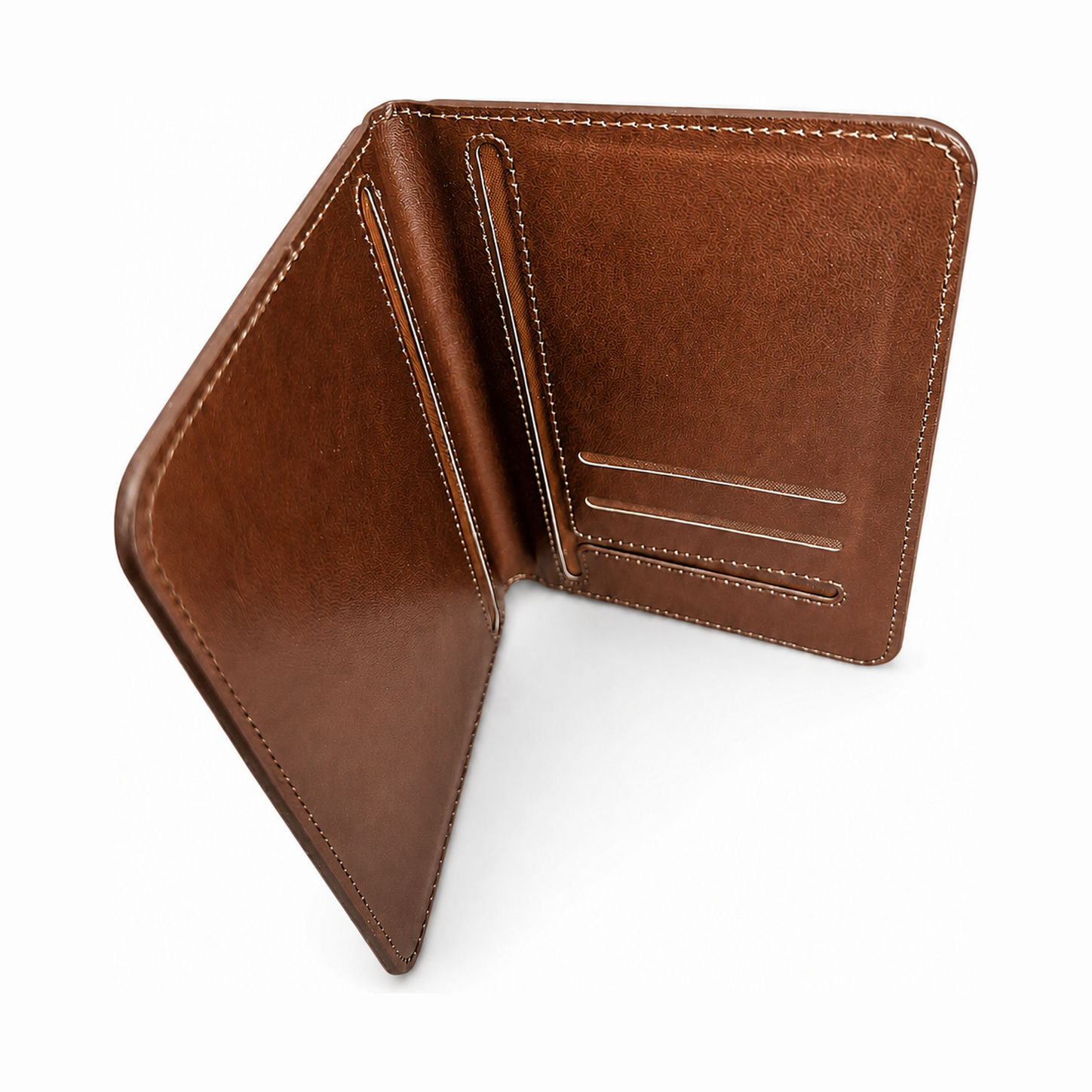 KindReturn Trackable Passport Cover, brown leather, open showing card and passport slots
