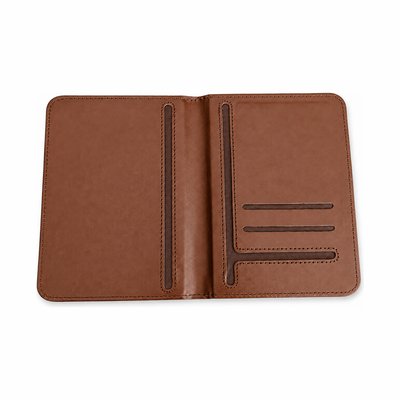KindReturn Trackable Passport Cover, brown leather, open flat interior view