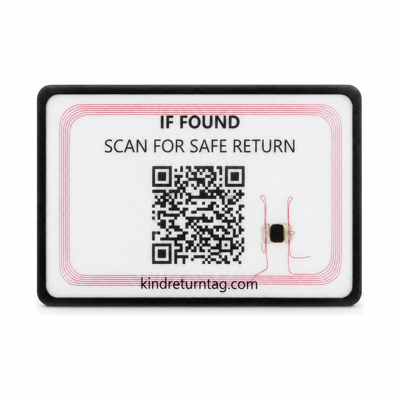 KindReturn WalletShield, clear finish with black QR frame, front