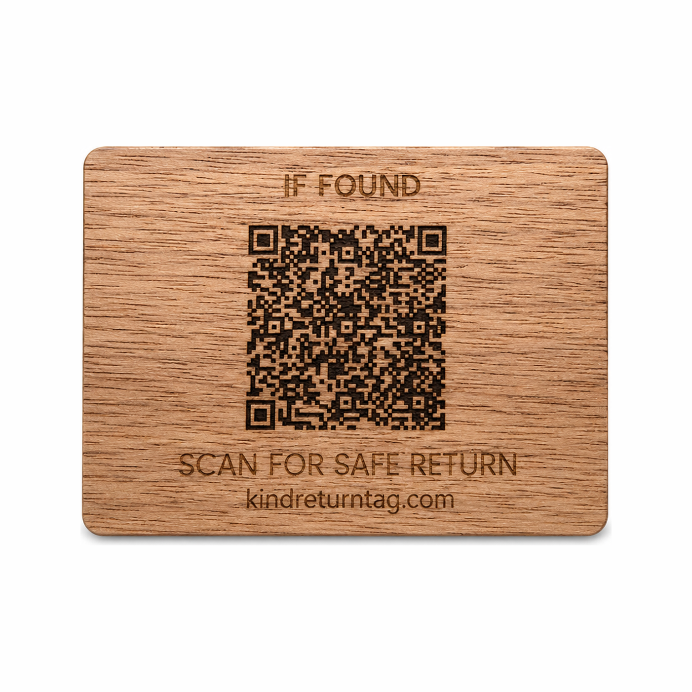 KindReturn WalletShield, natural wood finish with engraved QR, front