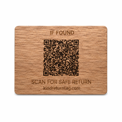 KindReturn WalletShield, natural wood finish with engraved QR, front