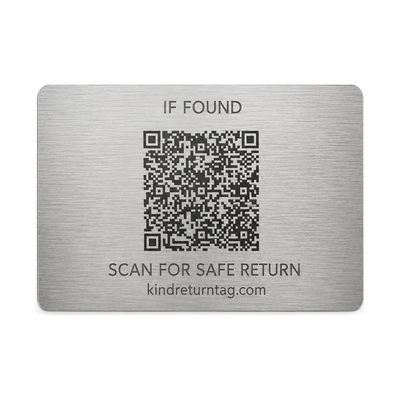 KindReturn WalletShield, brushed metal finish, front with engraved QR