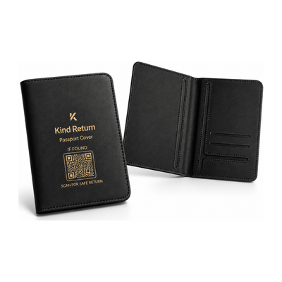 KindReturn Trackable Passport Cover in matte black, shown closed with the scan-for-safe-return QR code and open showing the passport and card slots
