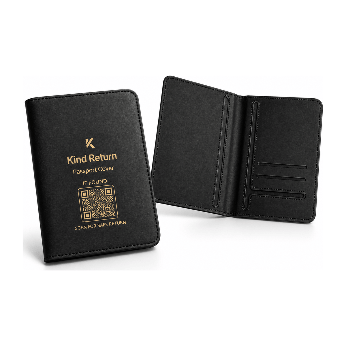 Trackable Passport Cover in matte black, closed with the scan-for-safe-return QR code and open showing the passport and card slots
