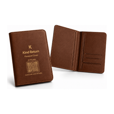 KindReturn Trackable Passport Cover in brown, shown closed with the scan-for-safe-return QR code and open showing the passport and card slots