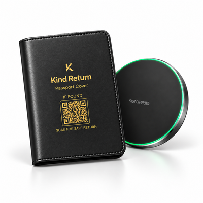 KindReturn Trackable Passport Cover in matte black with the scan-for-safe-return QR code, shown beside the black wireless charger