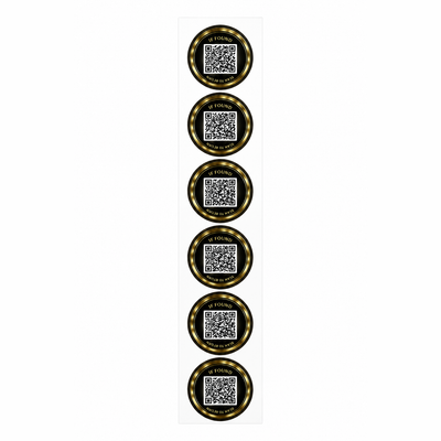KindReturn QR Sticker sheet, six gold if-found scan-to-return QR stickers