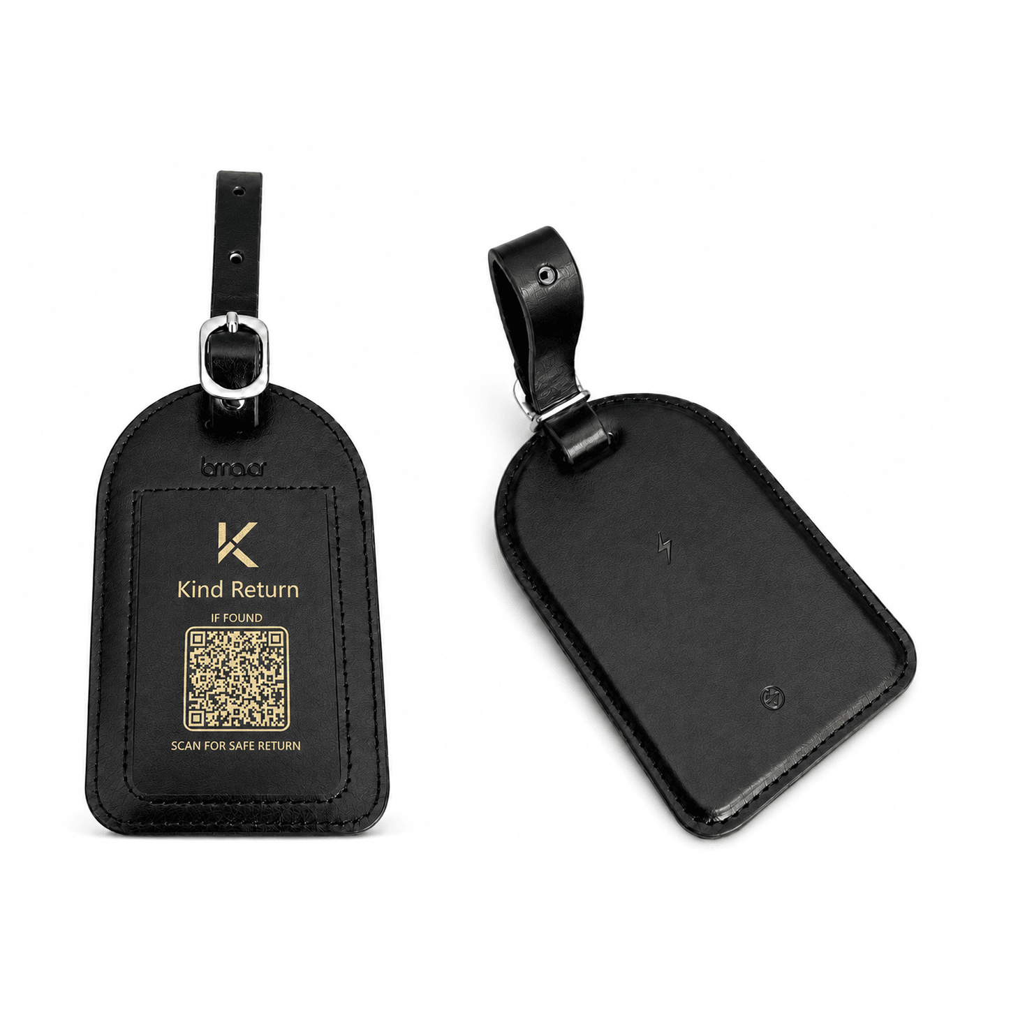 KindReturn Trackable Luggage Tag – Matte Black, front with QR code and back view