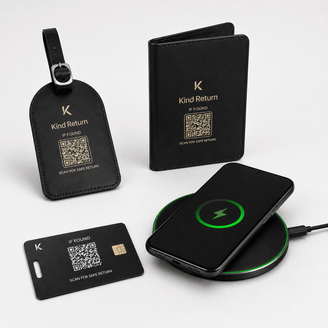 KindReturn Travel Tracker Set — trackable luggage tag, passport cover, wallet card and wireless charger