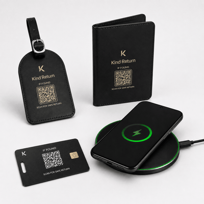 KindReturn Travel Tracker Set — trackable luggage tag, passport cover, wallet card and wireless charger