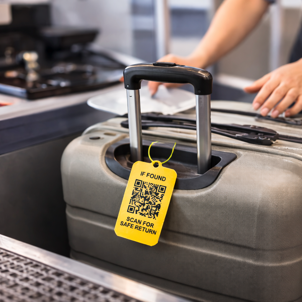 KindReturn Luggage Tag on a suitcase at airport check-in