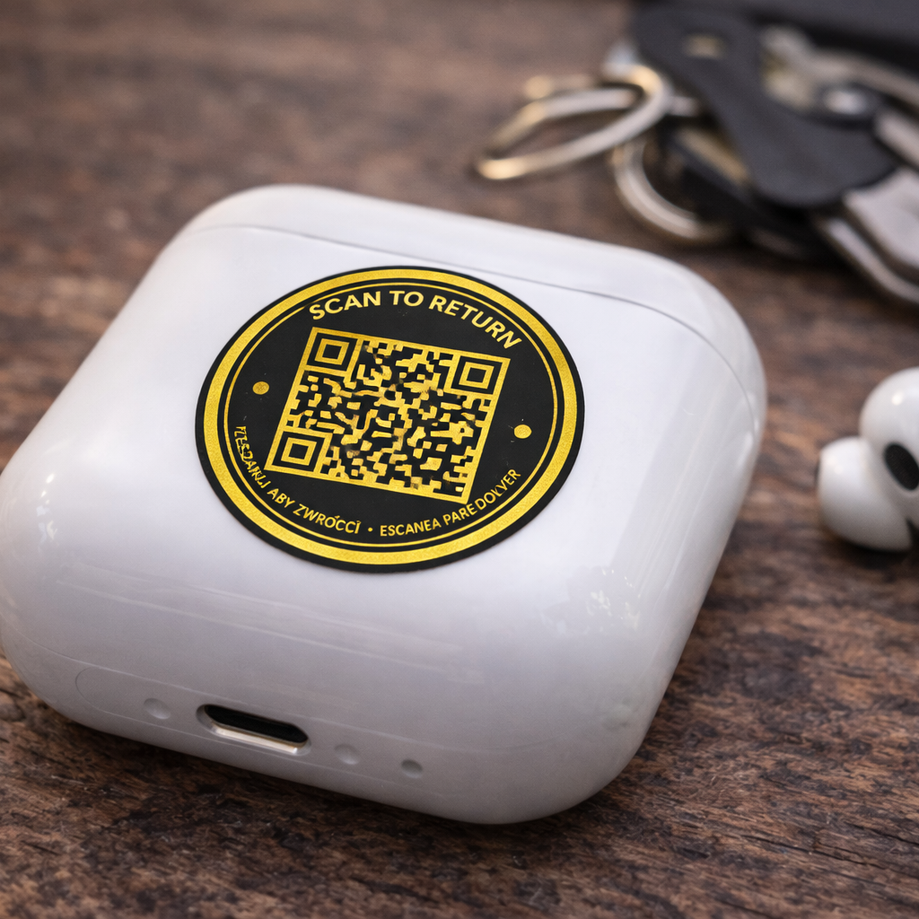 KindReturn QR Sticker on earbuds case